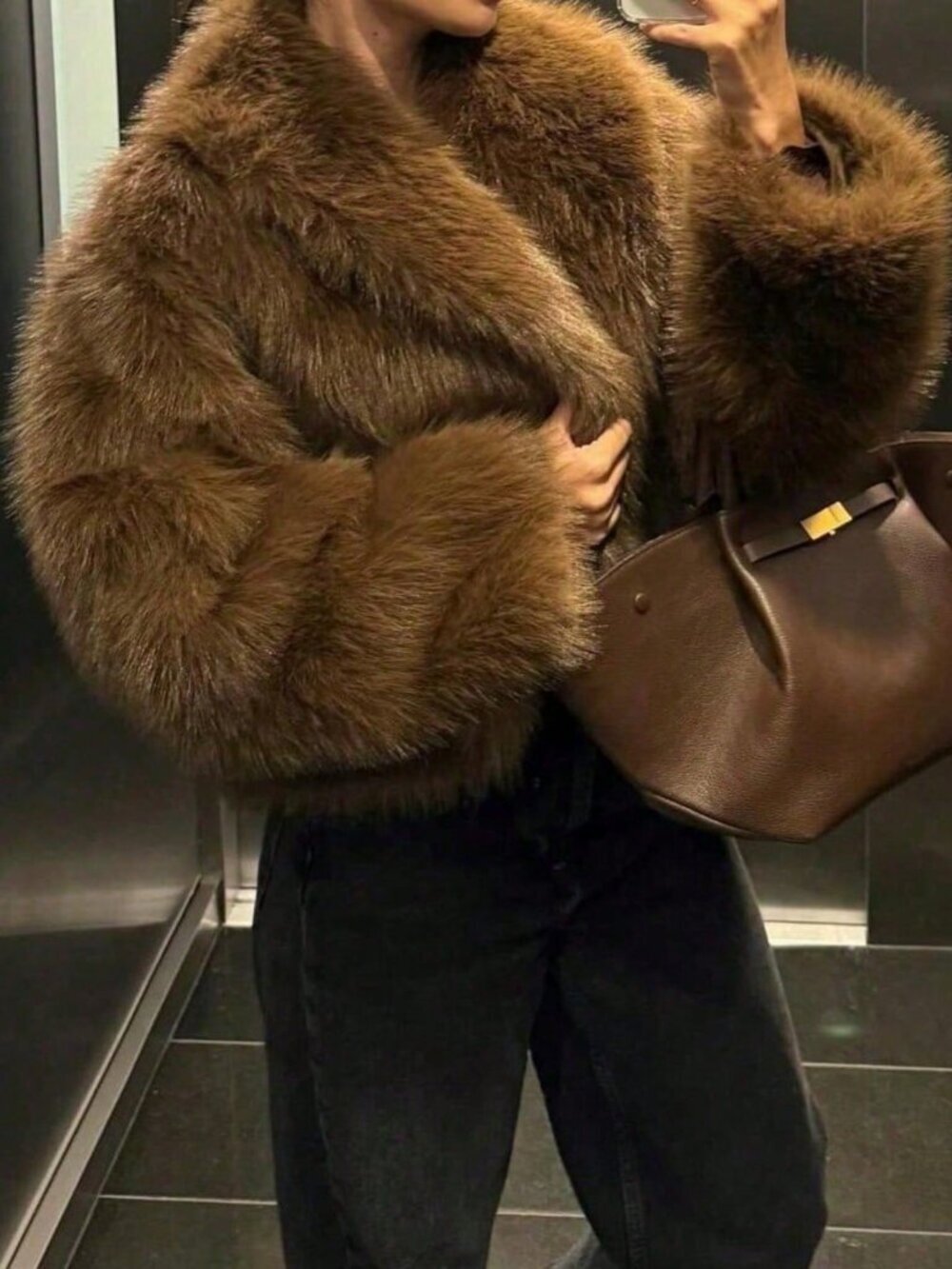 Brown Casual Women's Faux Fox Fur Collar Short Jacket
